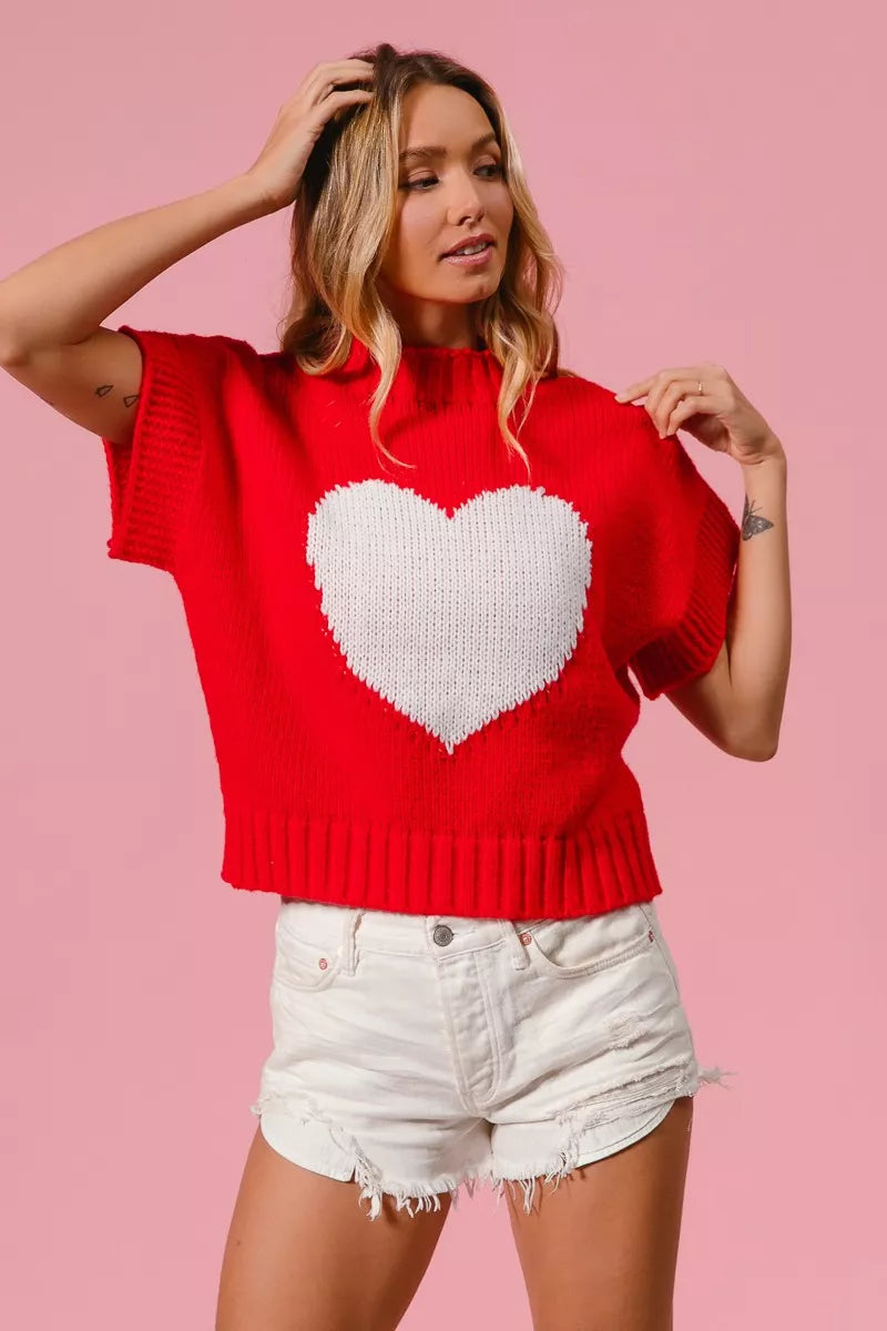 Heart Pattern Rib Banded Sweater in Red and Ivory close up