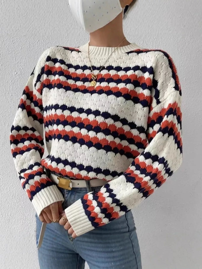 Multicolor striped round neck sweater front view