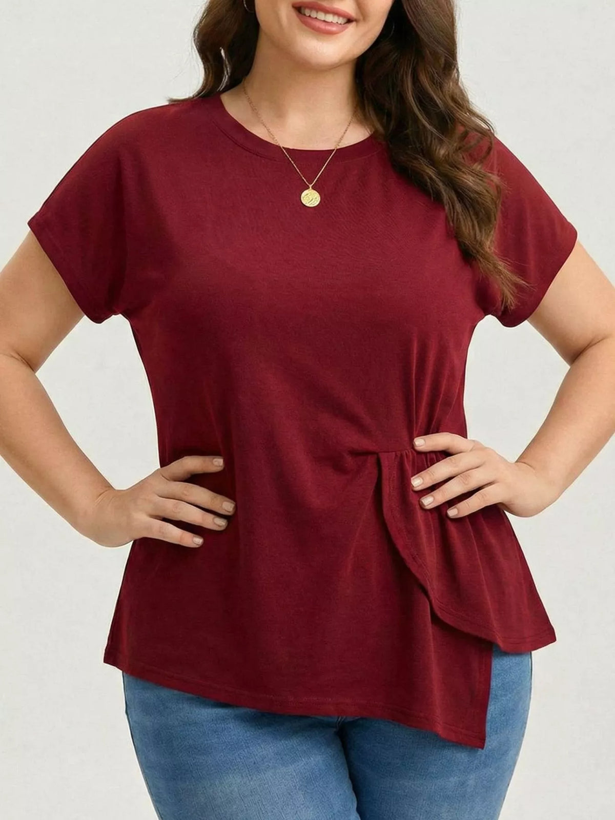 Plus size burgundy solid t-shirt side view