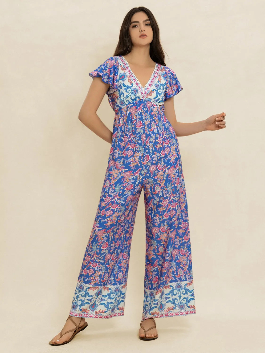 V neck jumpsuit ruched detail