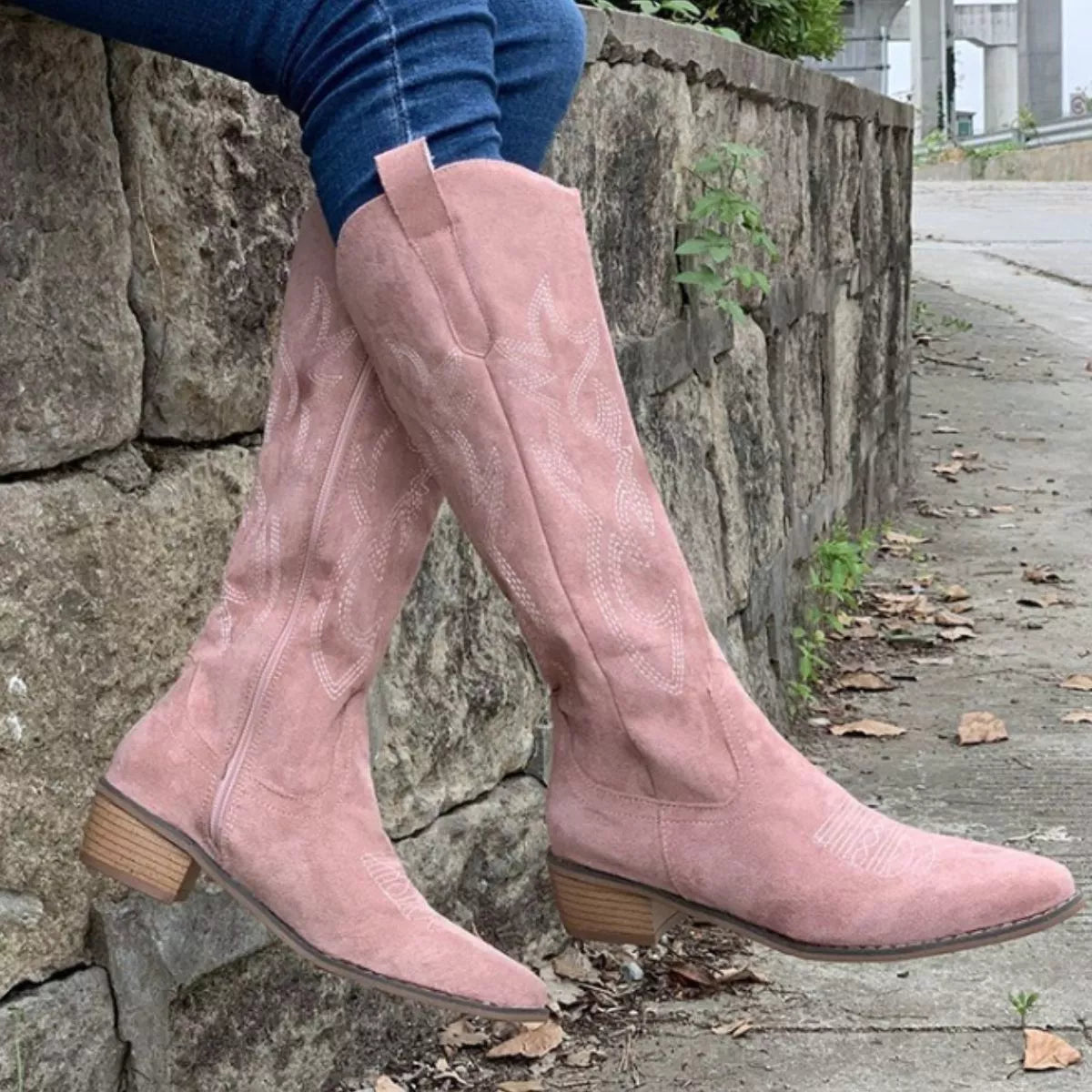 Suede point toe block heel boots ankle detail