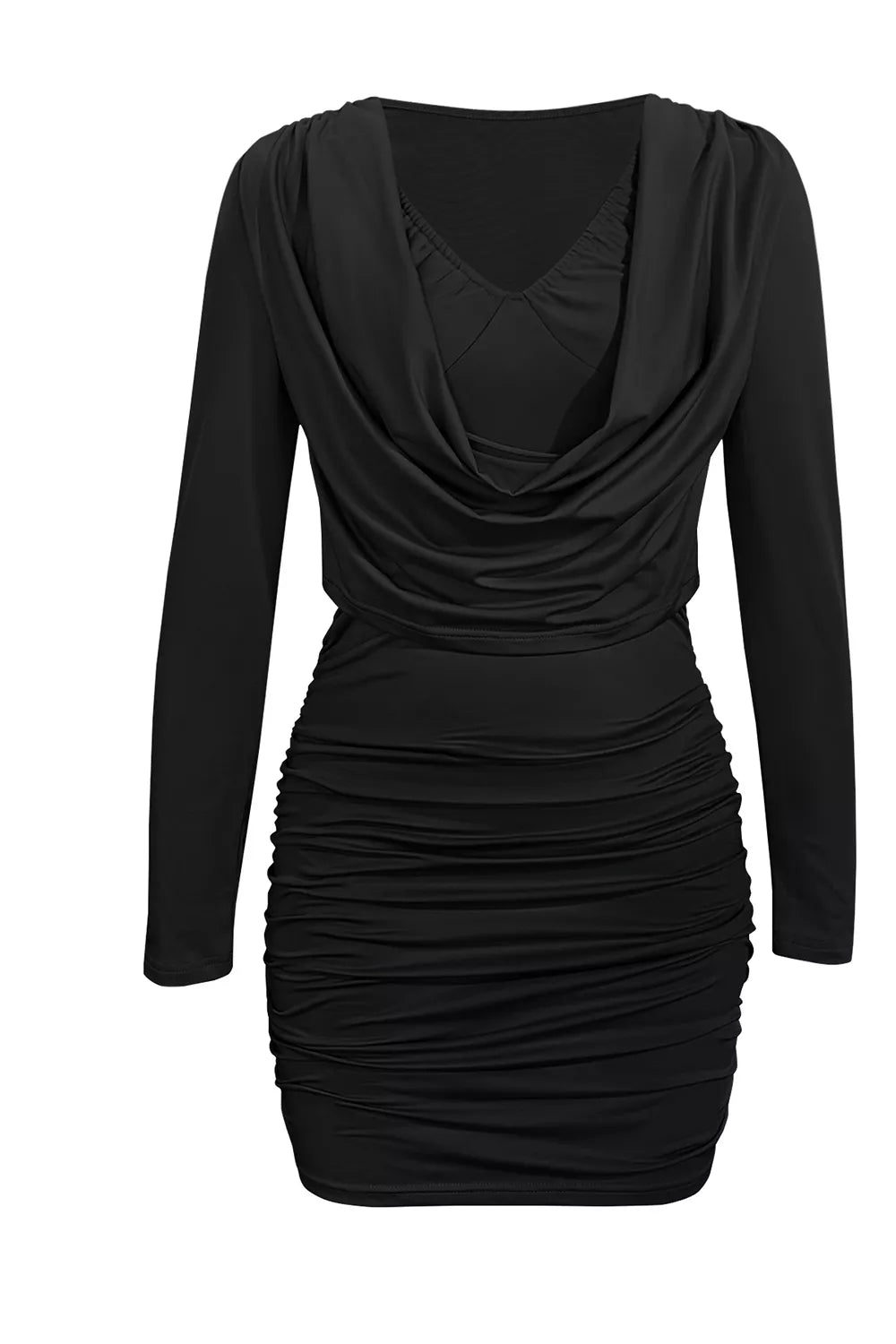 Ruched cowl neck long sleeve mini dress, side profile