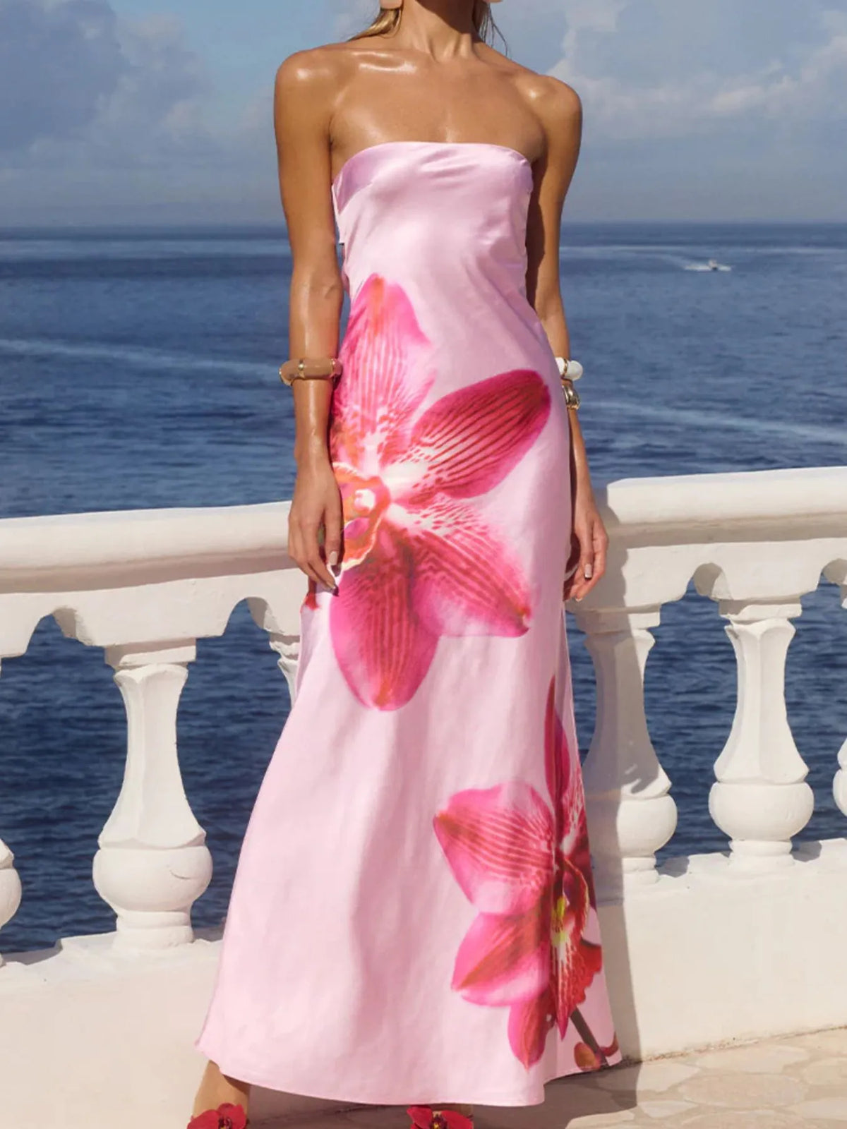 Printed strapless tube maxi dress front view