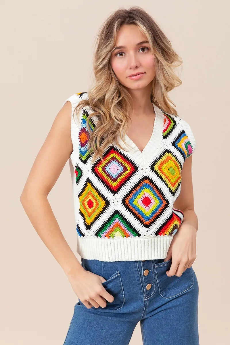 BiBi Diamond Granny Square Sweater Vest - Fashorio
