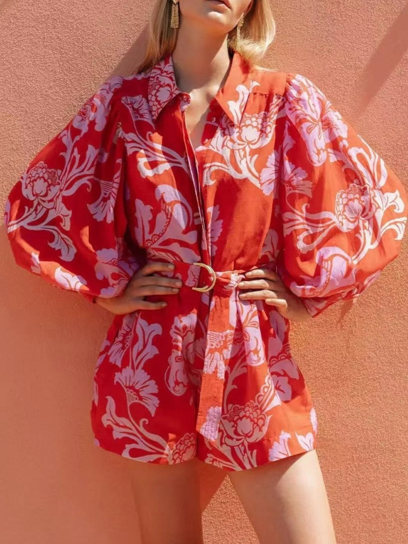 Printed Long Sleeve Belted Romper - Fashorio