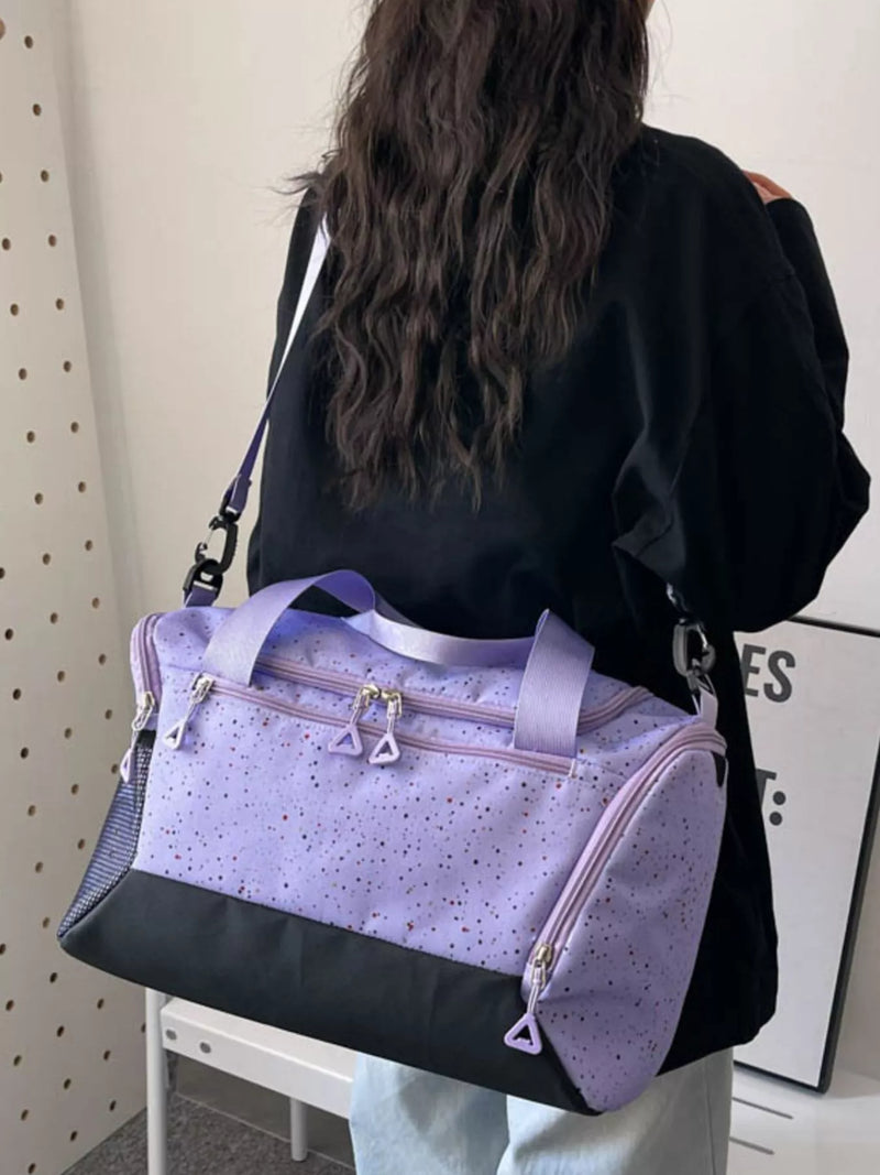 Purple color block Oxford cloth travel duffel front view