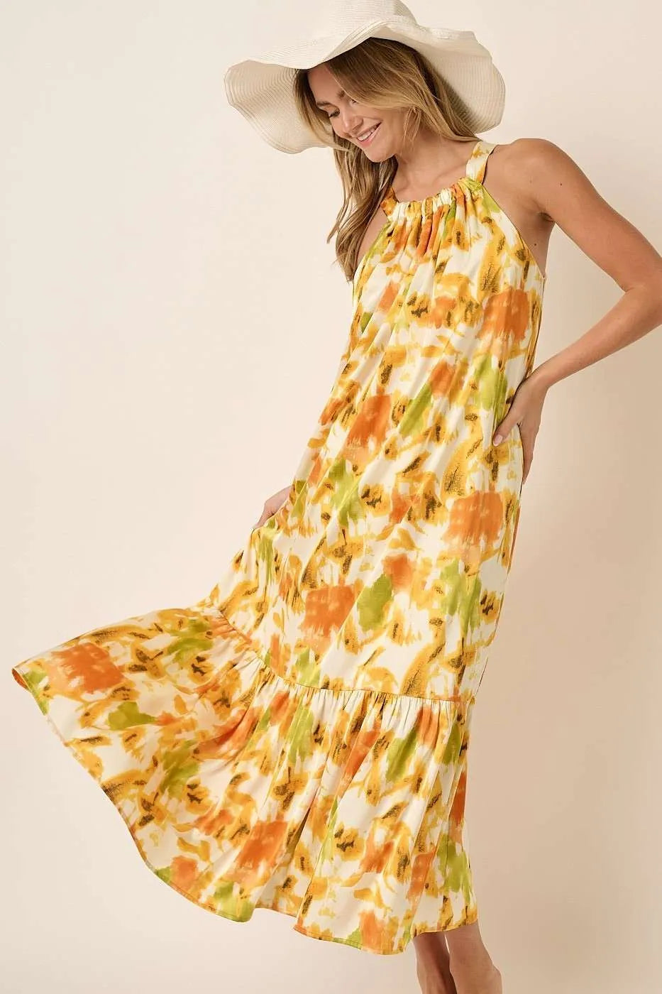 Watercolor halter satin maxi dress close up of fabric
