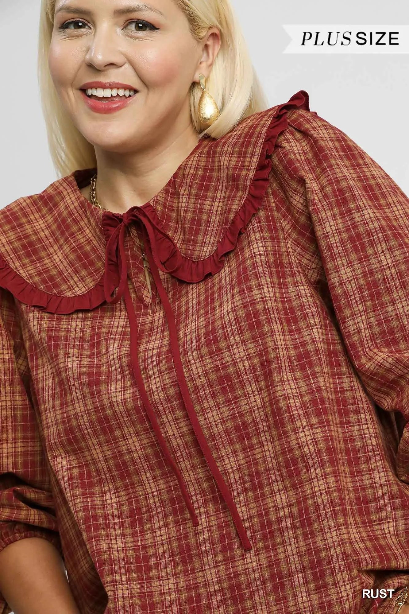 Umgee Full Size Plaid Ruffle Collar Blouse Plus Size - Fashorio