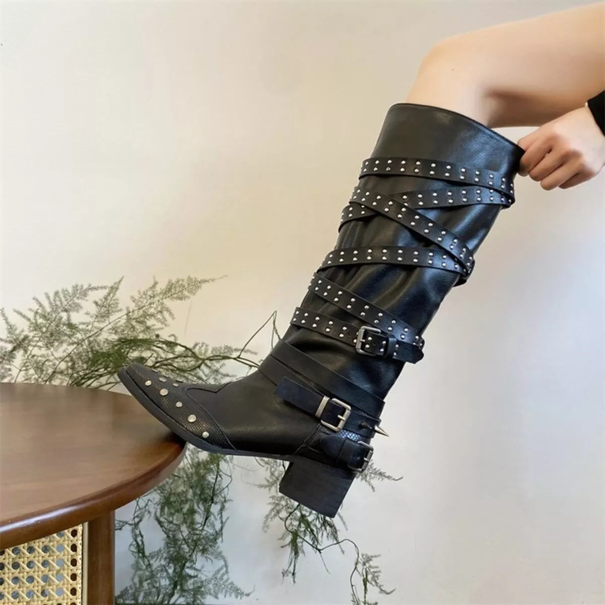 Studded Buckle Block Heel Boots front view