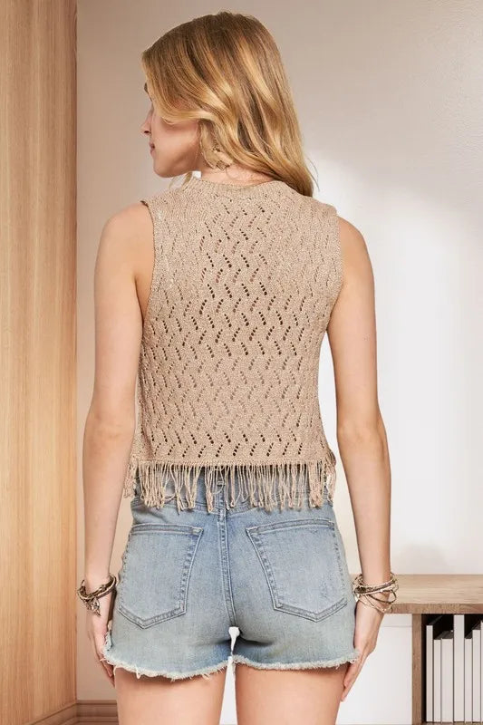 ADORA Fringe Hem Lurex Crochet Vest Top - Fashorio