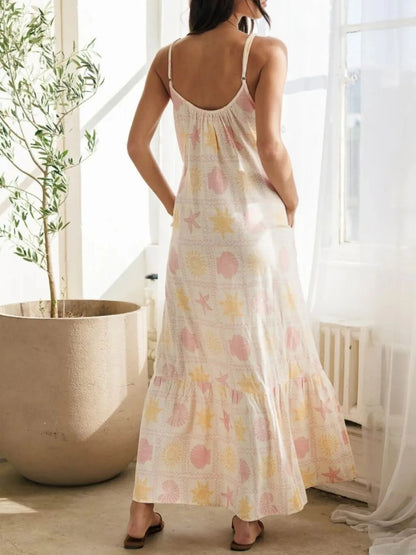 Printed Maxi Lounge Dress with Ruffled Hem - Fashorio