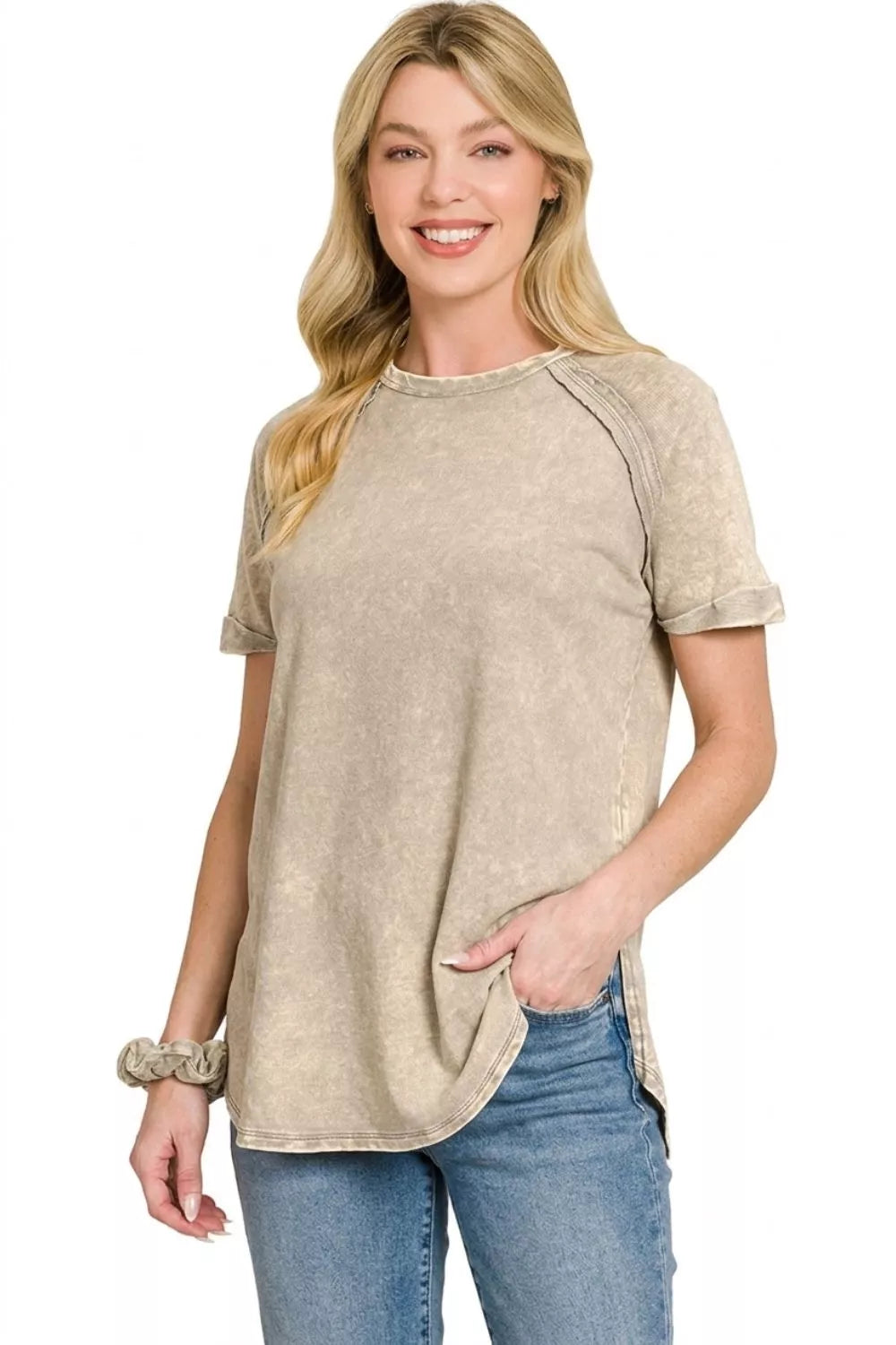 zenana french terry curved hem top side view