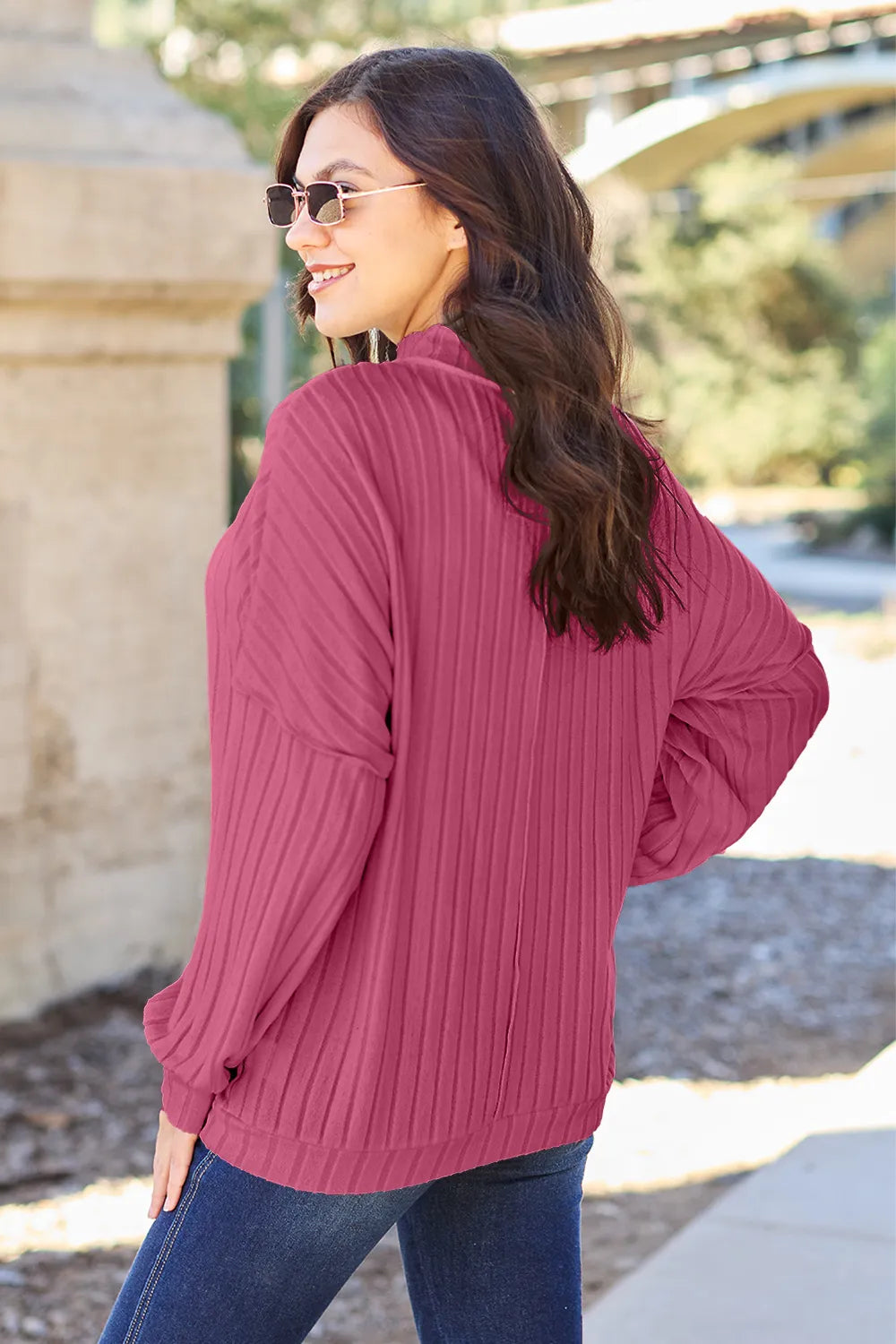 Long sleeve ribbed mock neck top full length view