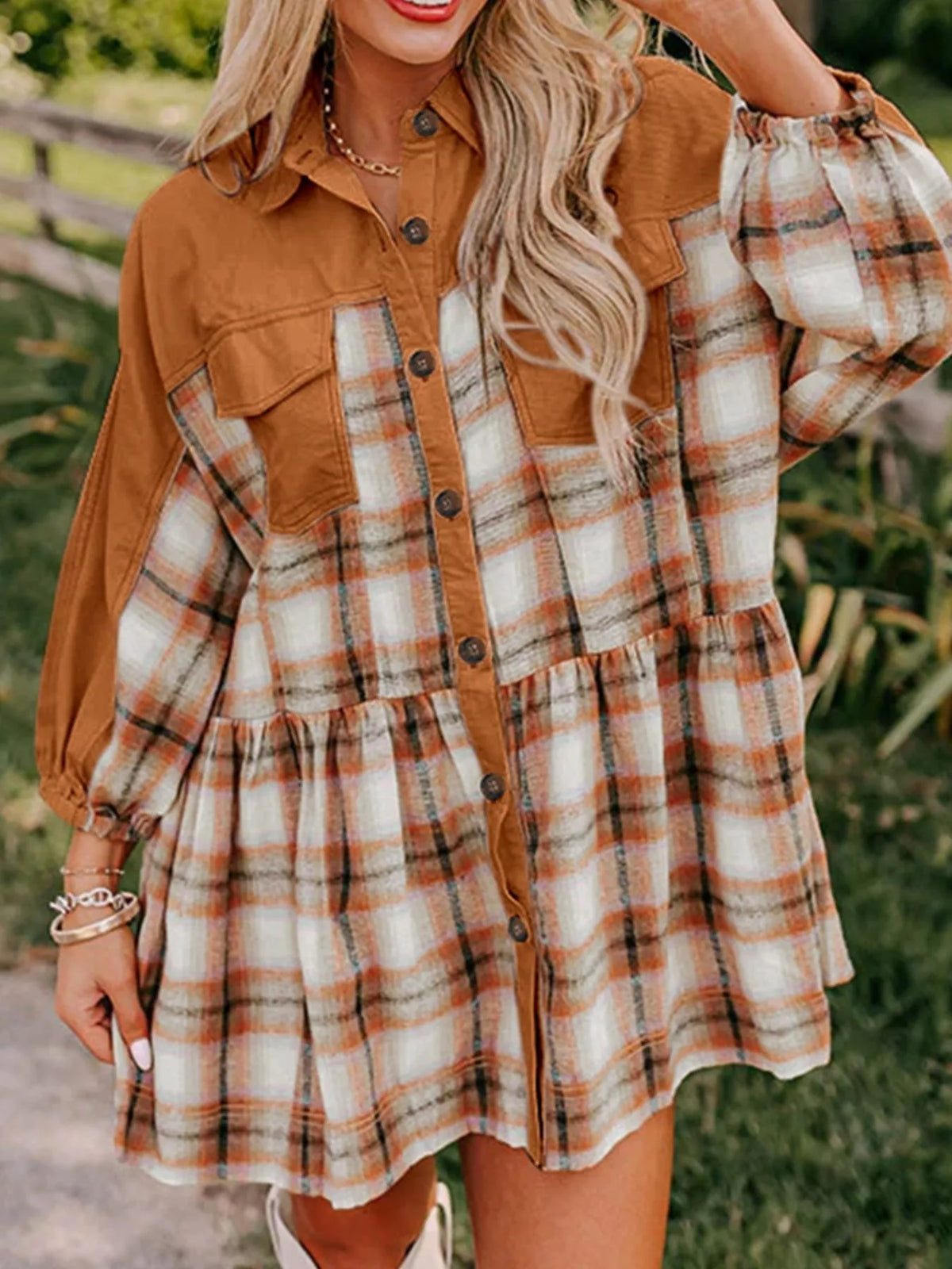 Plaid Button Front Mini Dress in Caramel side view