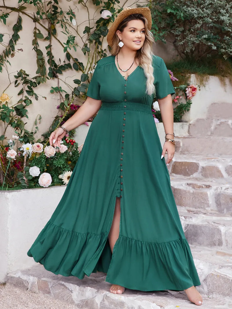 Plus size button front short sleeve maxi dress front view