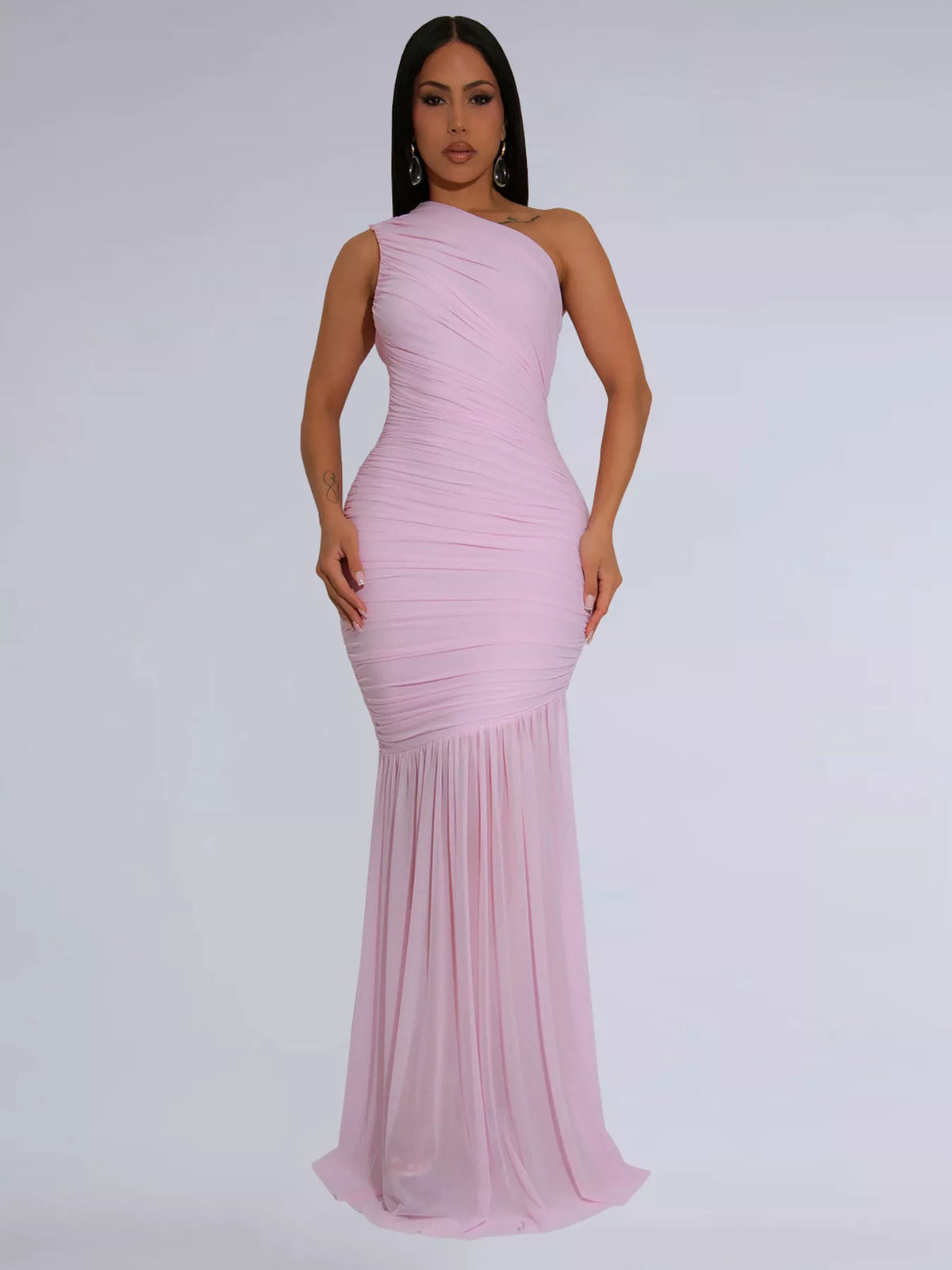 One shoulder ruched bodycon maxi dress detail view