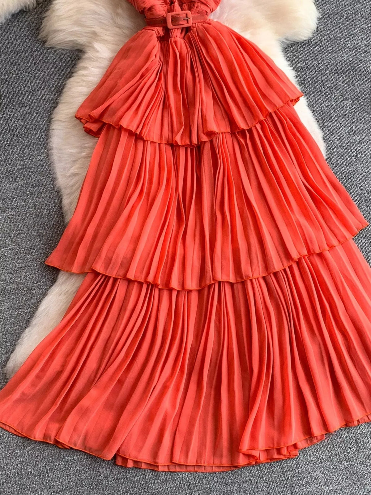 Pleated layered spaghetti strap midi dress full length styling