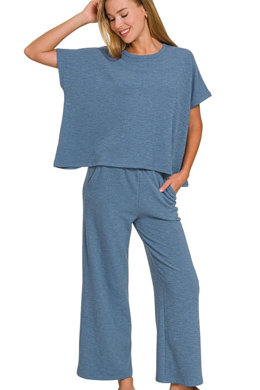 Zenana Cotton Slub Top & Pants Set DUSTY BLUE - Fashorio