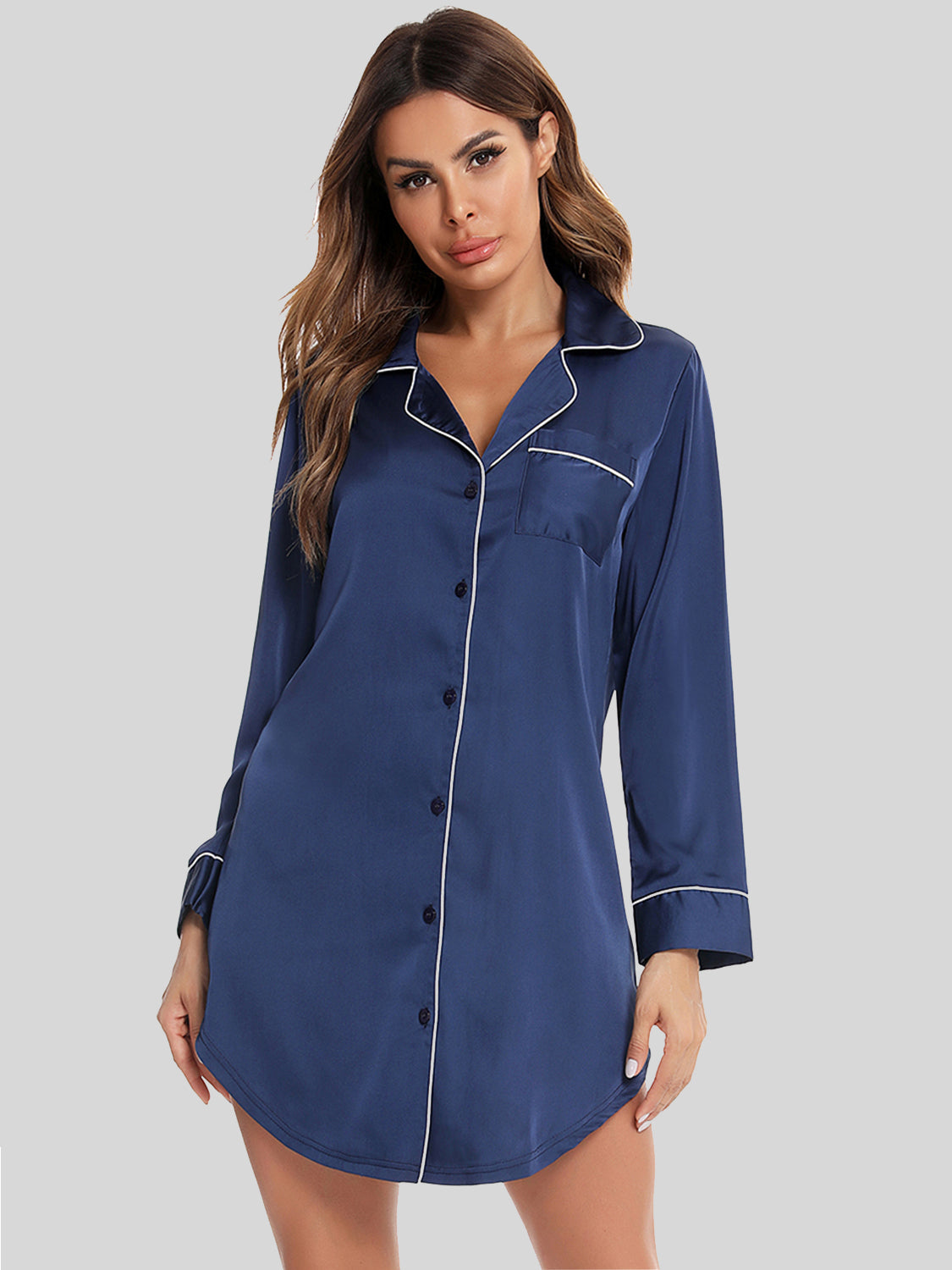 Button Up Lapel Collar Night Dress with Pocket Peacock Blue - Fashorio
