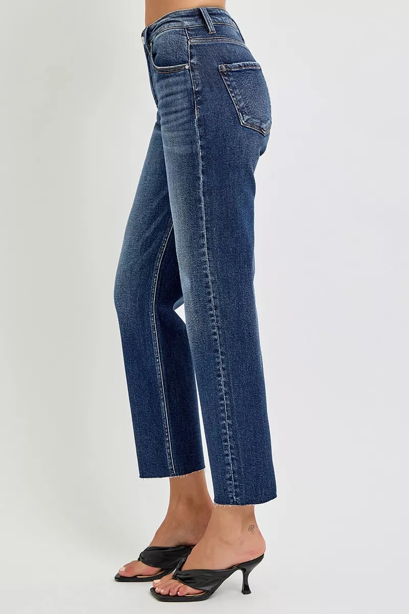 Close up of raw hem detail on RISEN slim barrel jeans