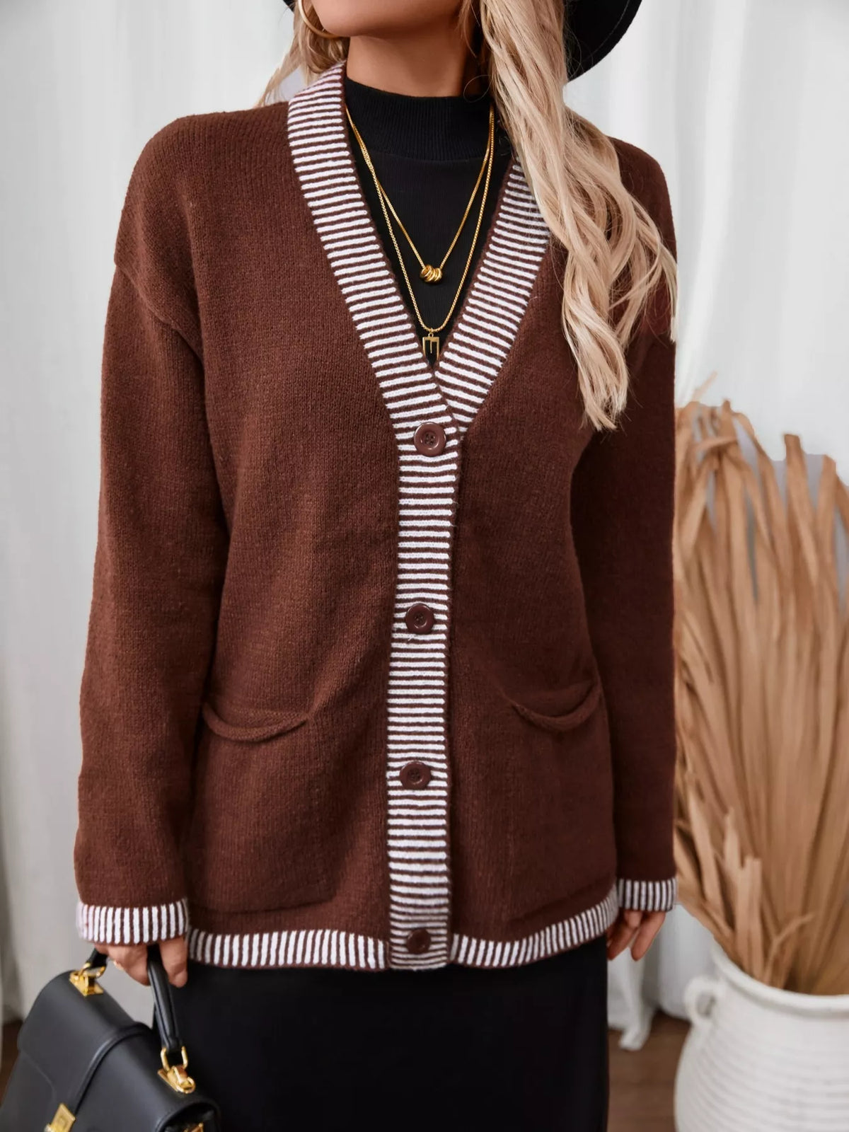 brown striped trim button front knit cardigan button and trim detail