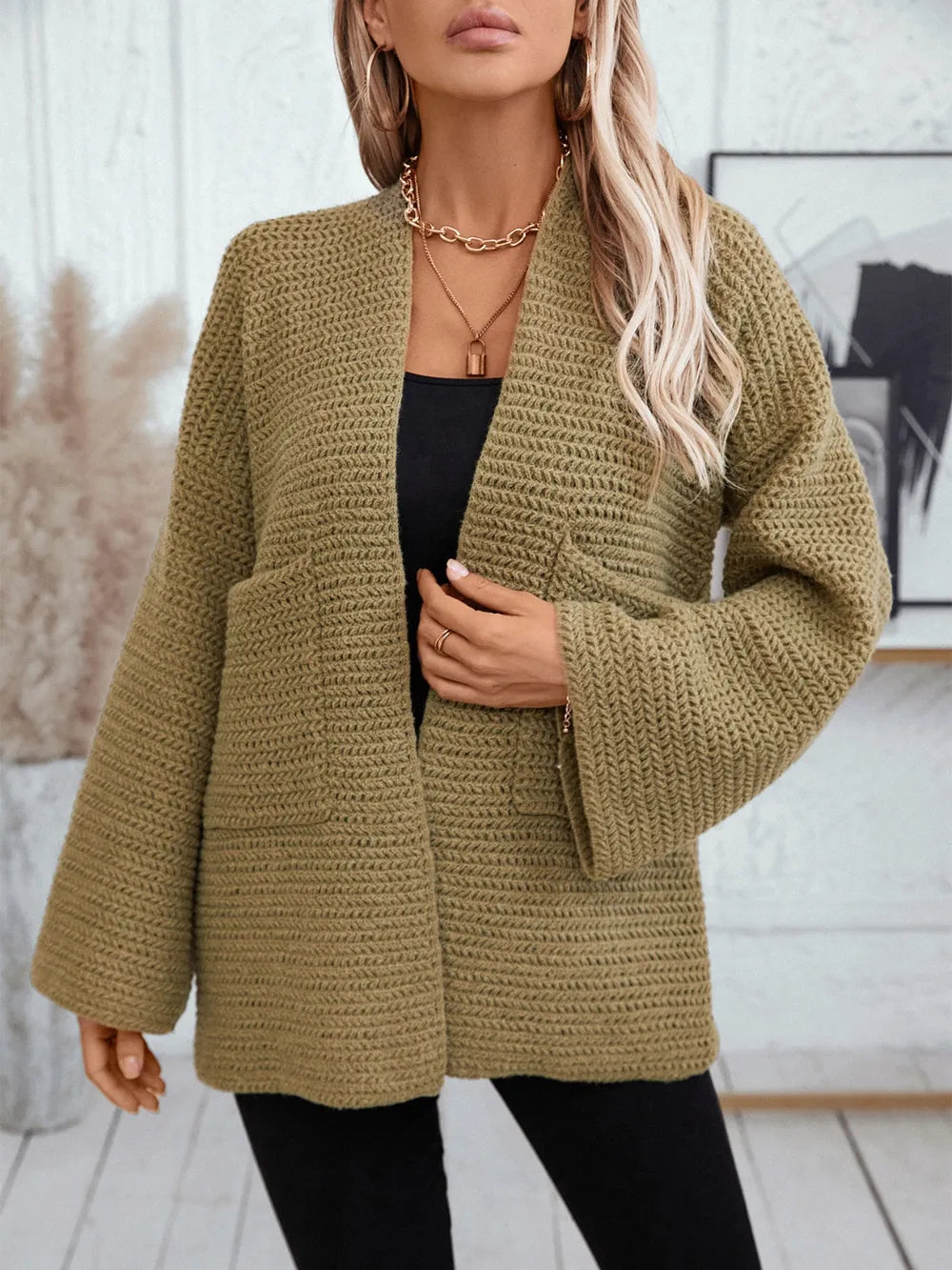 Open Front Long Sleeve Cardigan - Fashorio