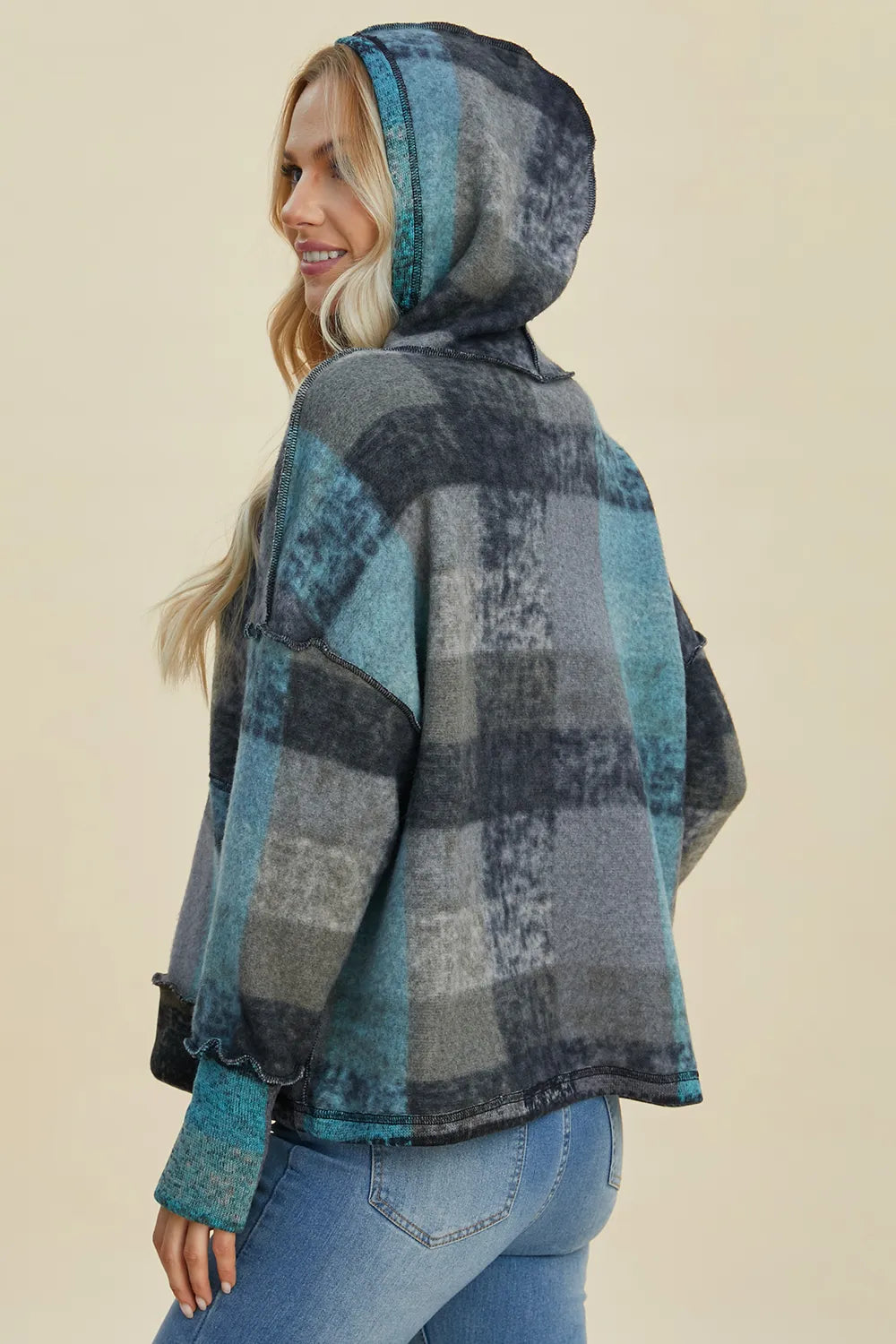 Plaid fleece hoodie styled full length look