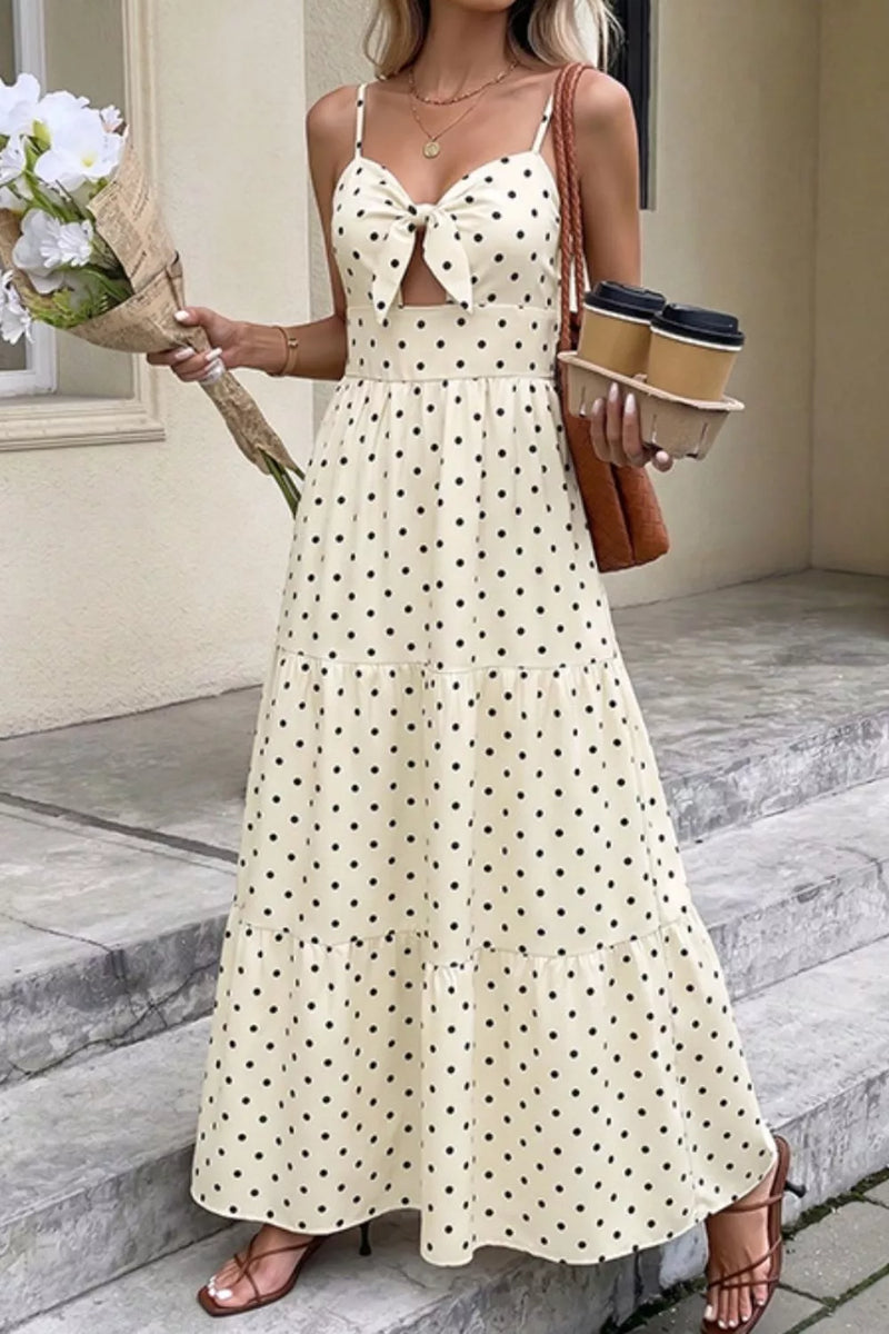 Cream polka dot tie front cutout maxi dress front view