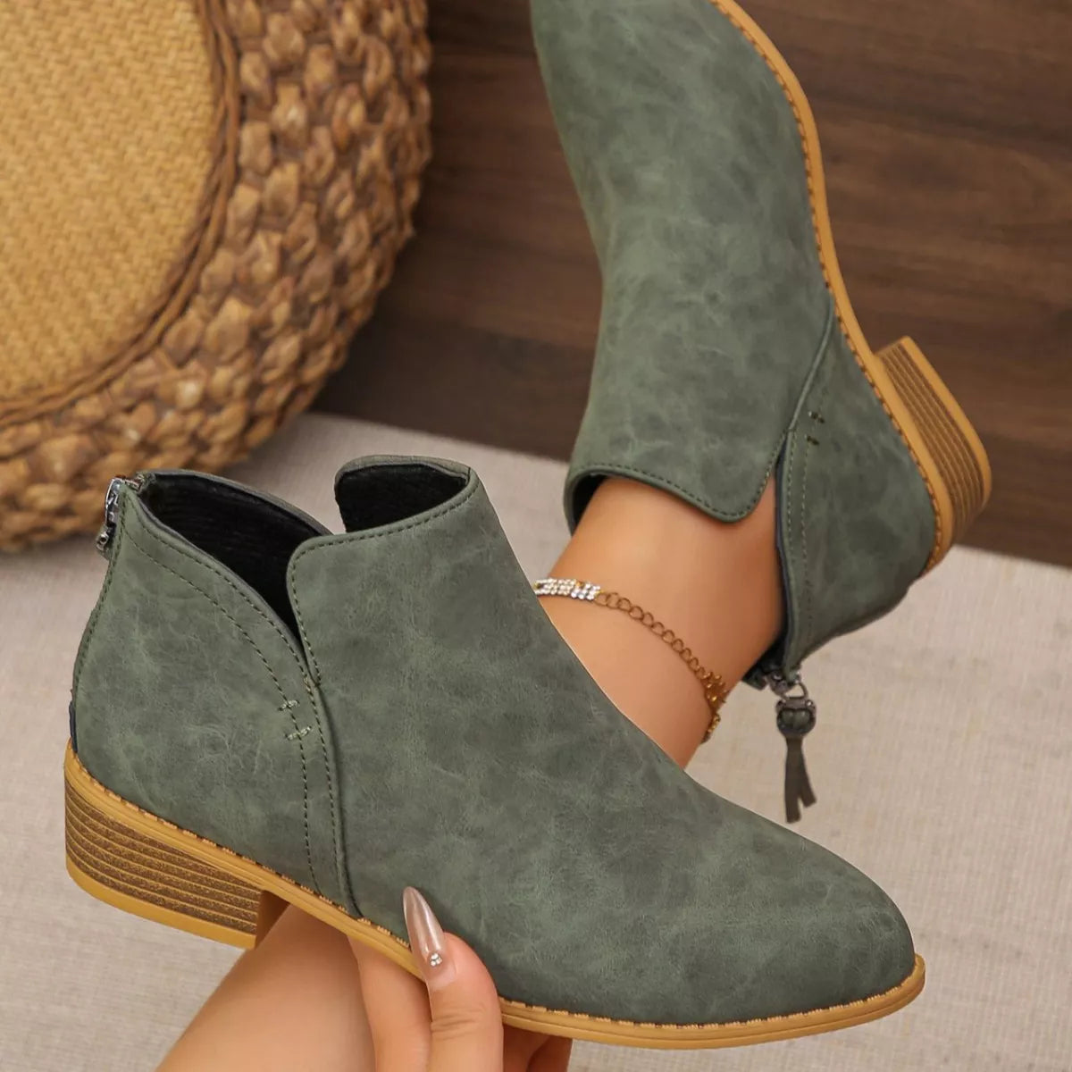 Point toe block heel ankle boots side profile