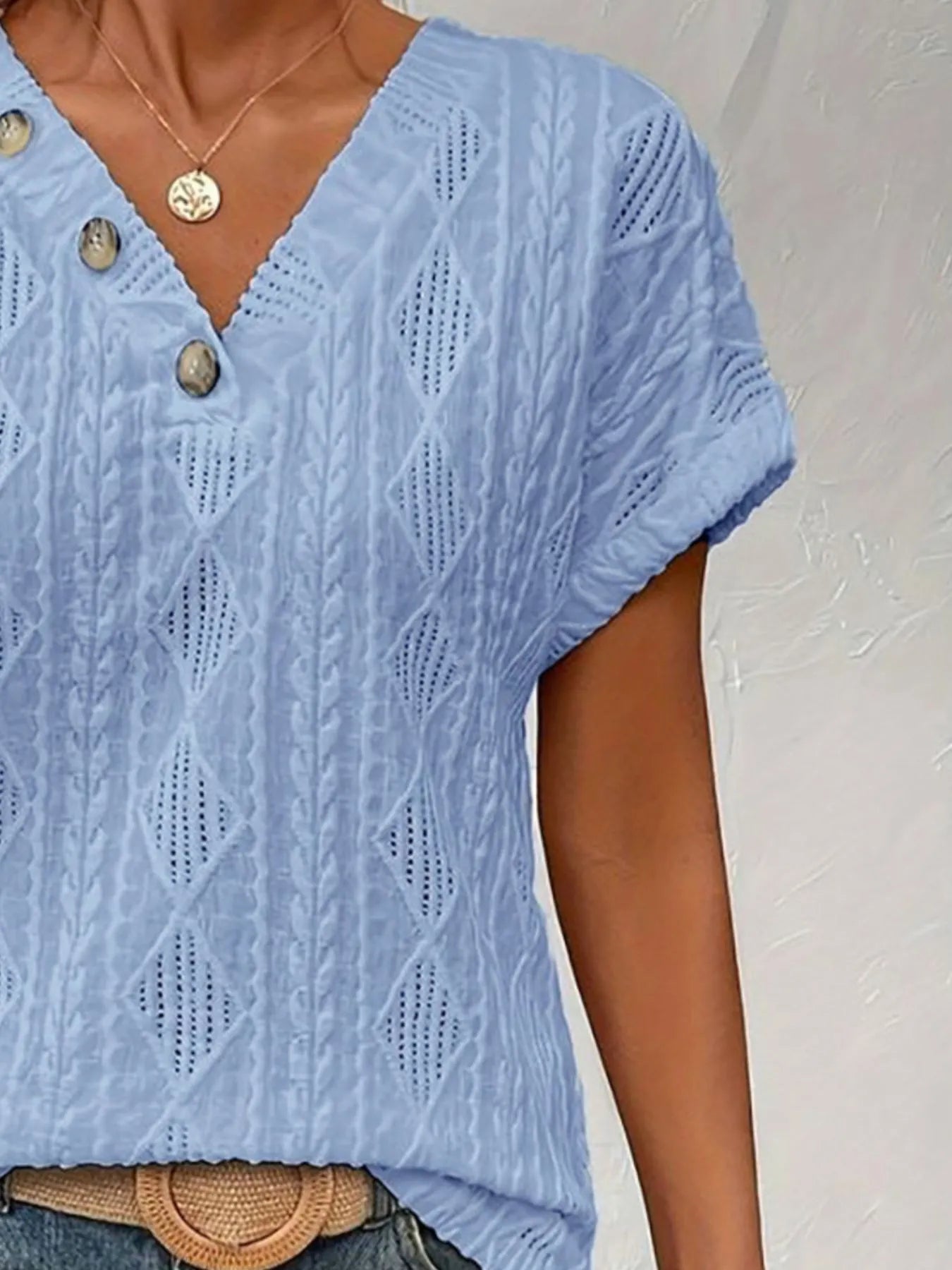 Textured V-Neck Short Sleeve Top - Fashorio