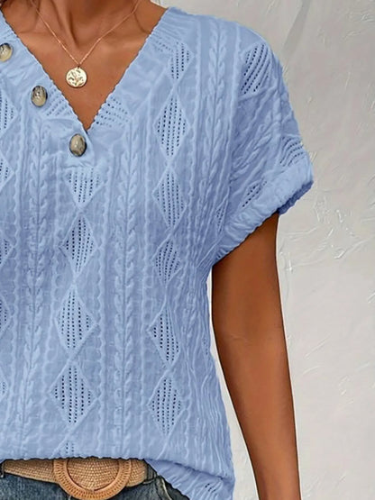 Textured V-Neck Short Sleeve Top - Fashorio