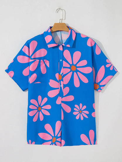 Summer Flower Print Shirt Collar Button Front Loose Romper - Fashorio