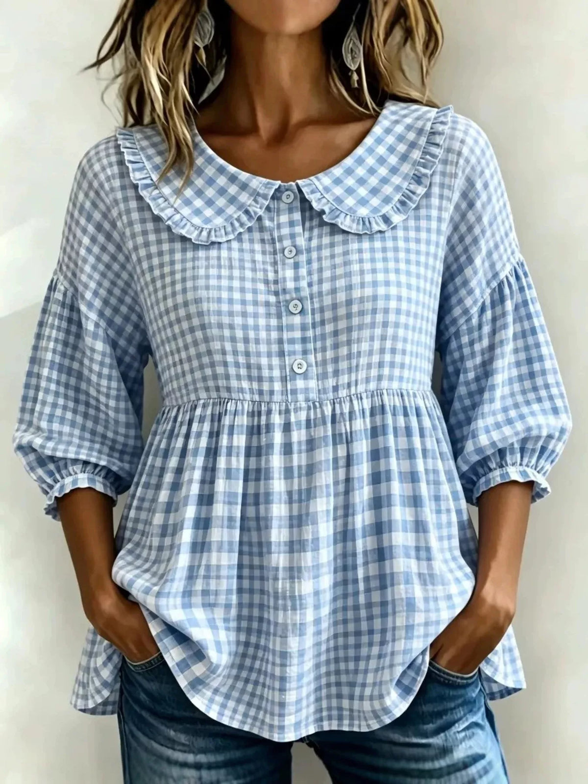 Sky blue gingham peter pan collar blouse front view