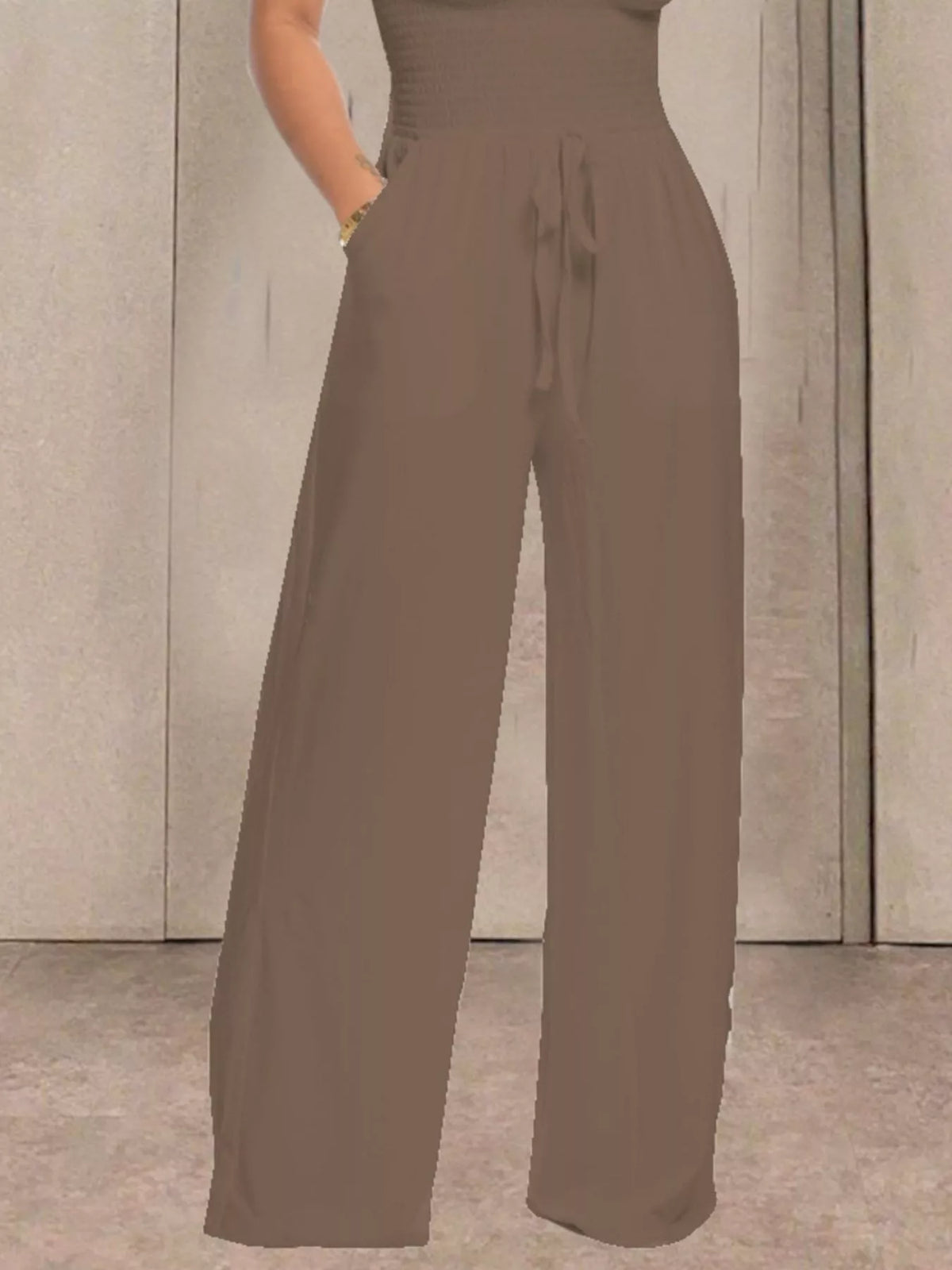 Strapless smocked wide leg jumpsuit back view