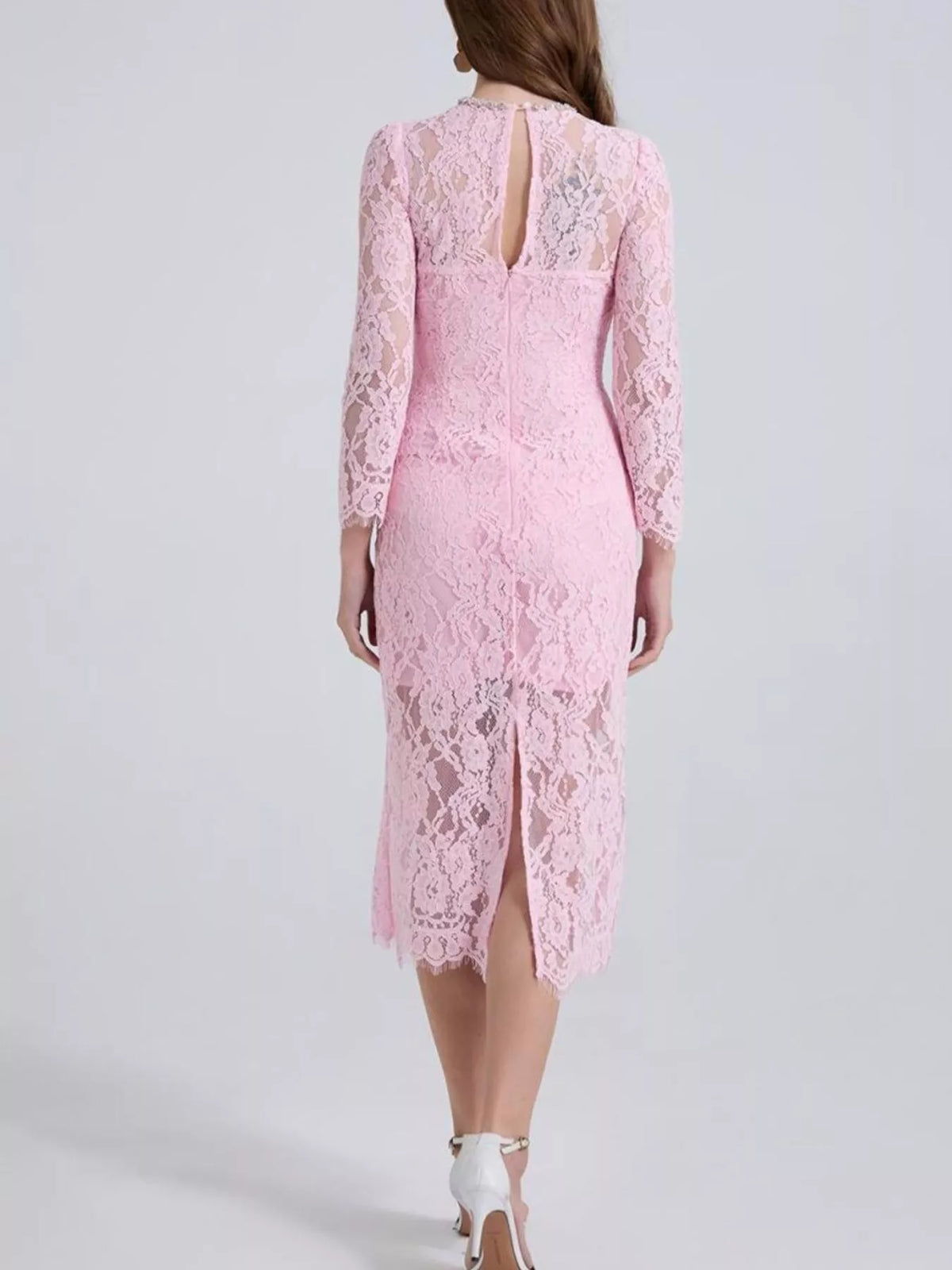 lace long sleeve midi dress neckline detail