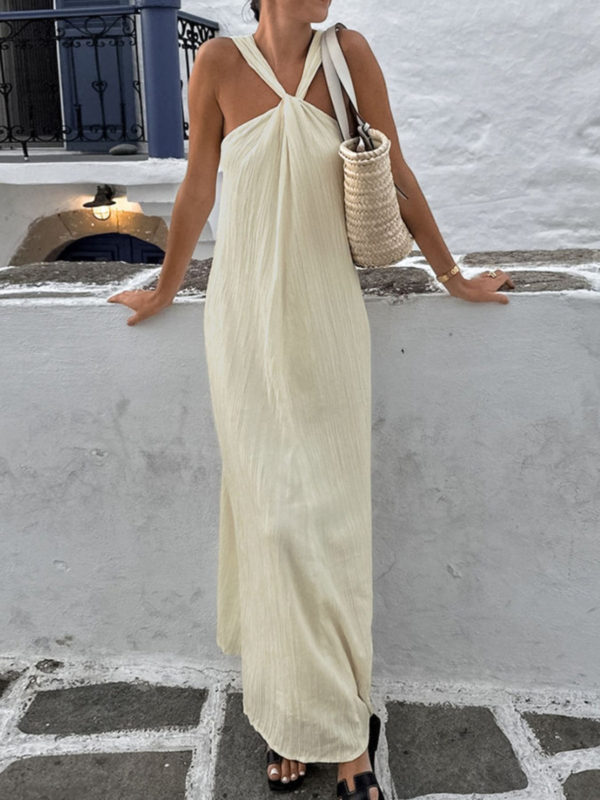 halter neck flowy maxi dress front view
