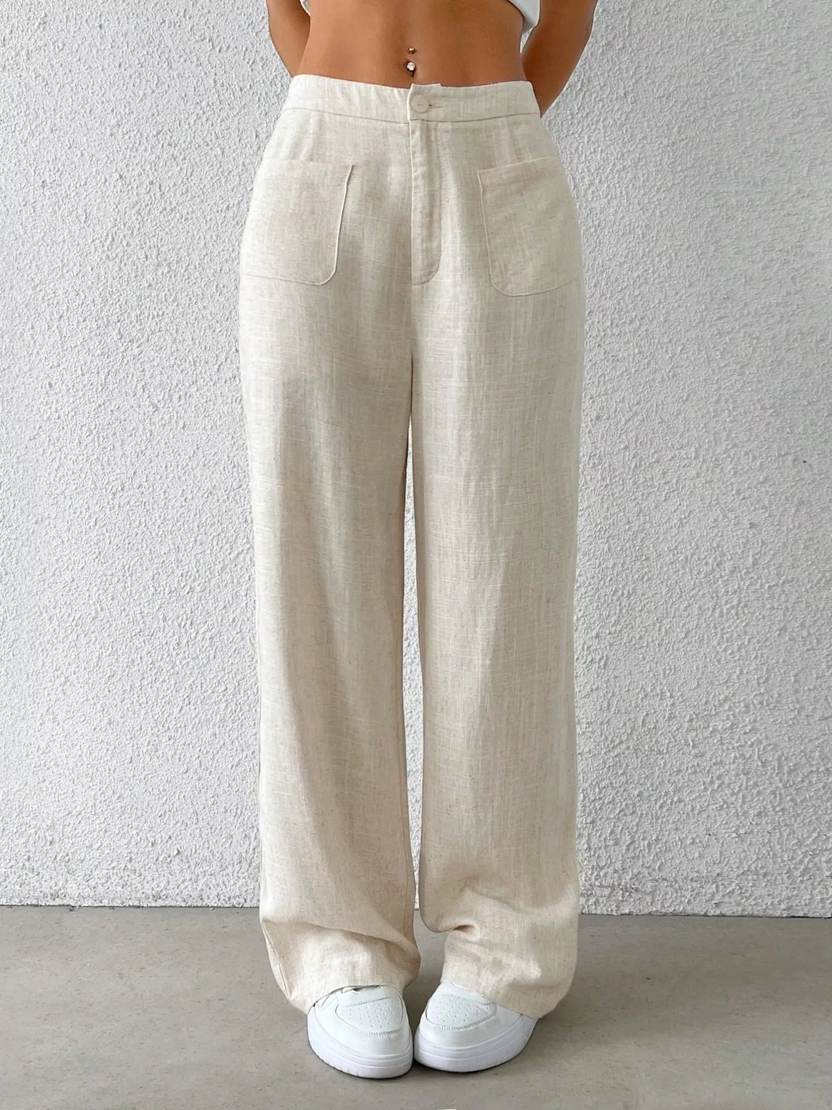 Cream high waisted wide leg linen blend pants front view