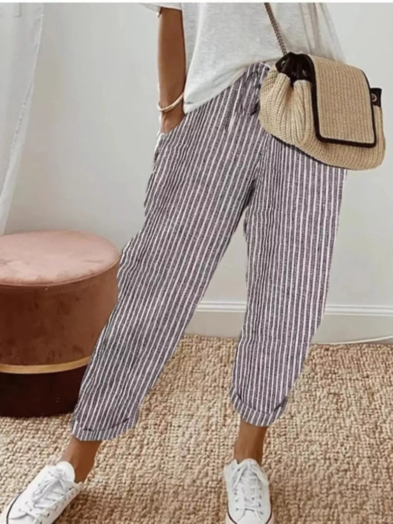 Striped drawstring cropped pants front view