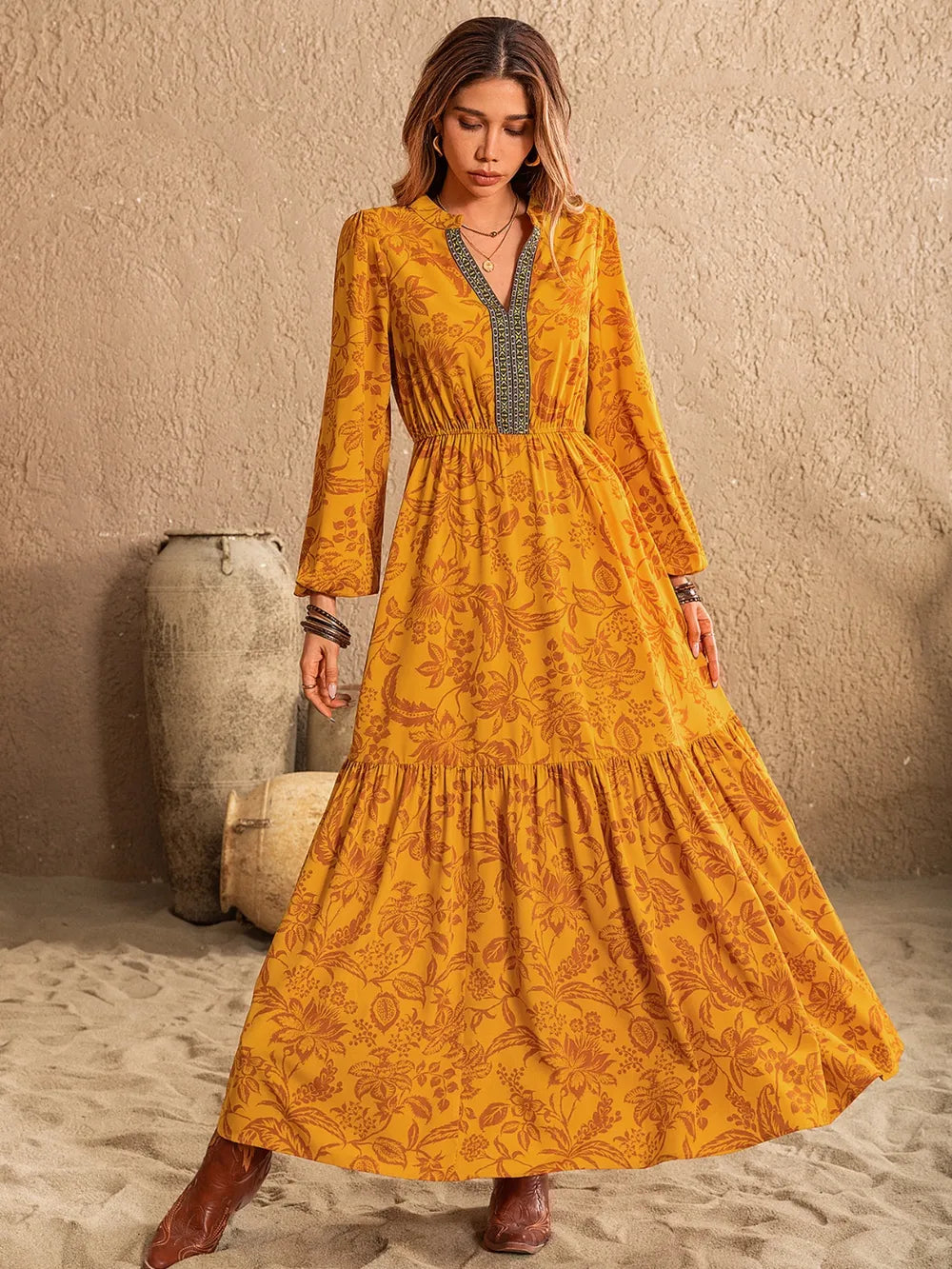 Printed notched balloon sleeve maxi dress in mustard full length view