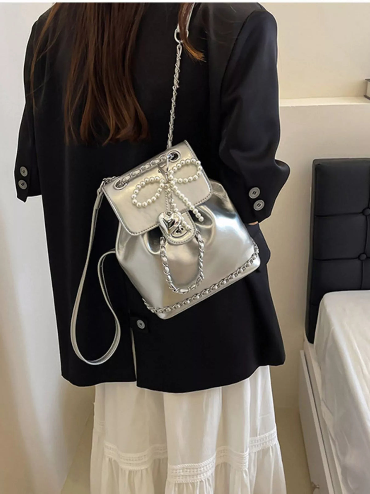 silver pearl mini backpack adjustable shoulder straps