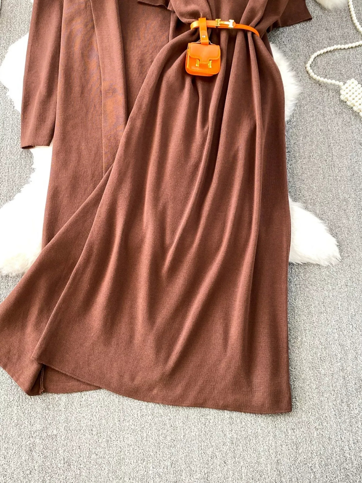 Round Neck Knitted Dress and Cardigan Set, view 17