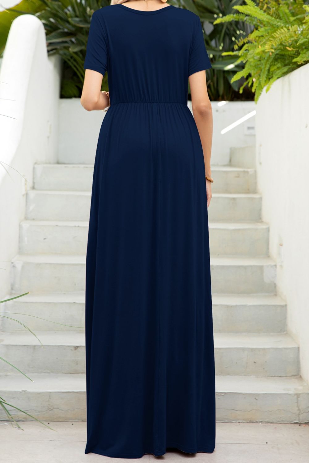 round neck maxi tee dress with pockets sleeve detail