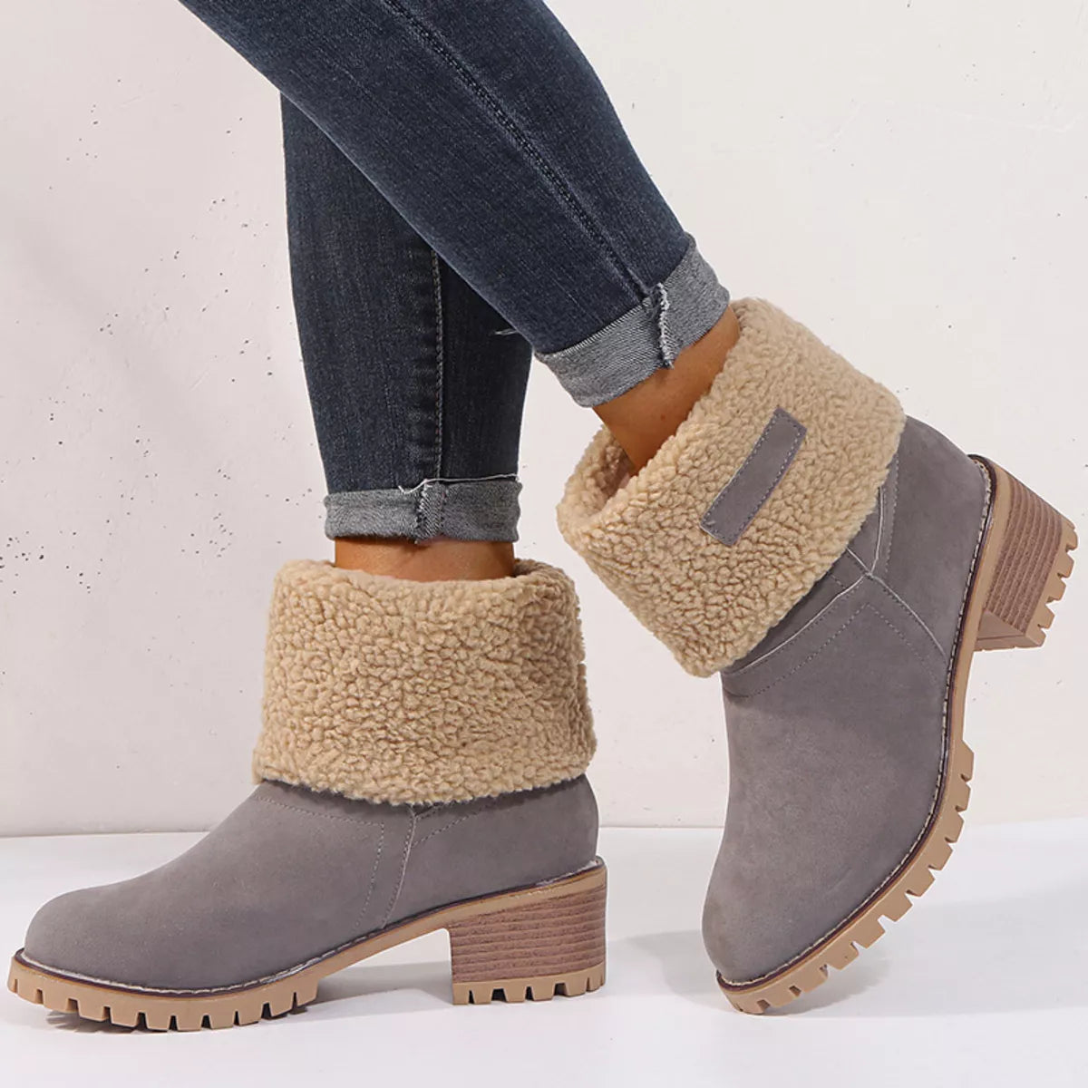 Suede round toe block heel boots upper detail