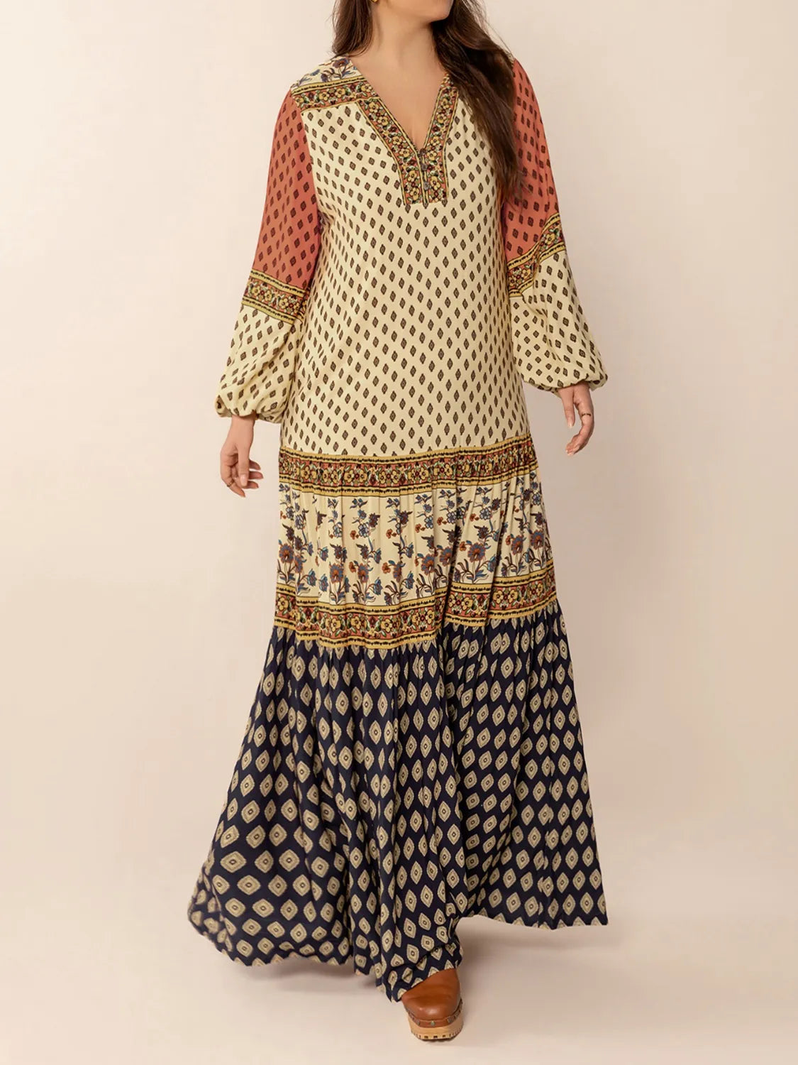 Printed V neck balloon sleeve maxi dress in khaki front view