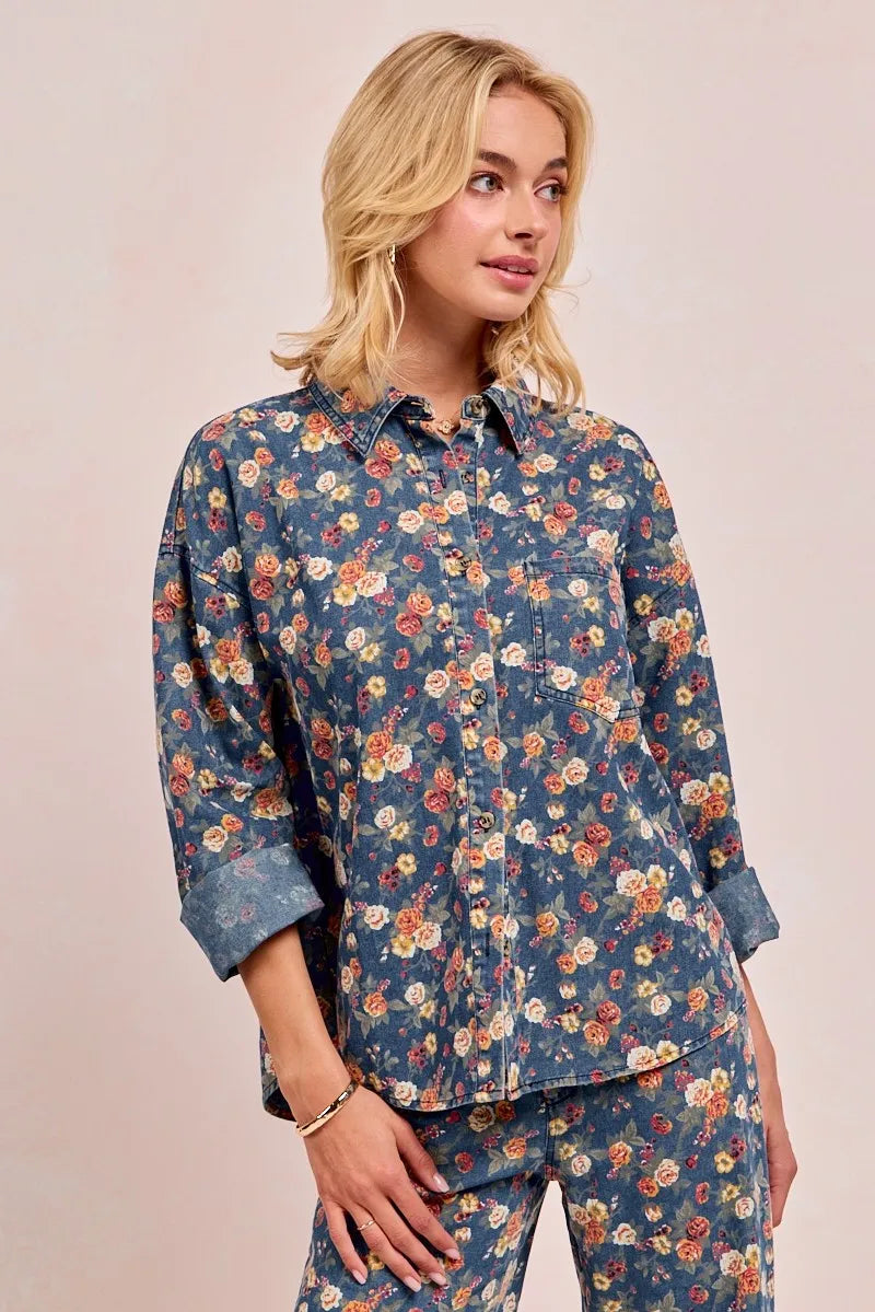 BiBi Washed Floral Print Denim Jacket - Fashorio