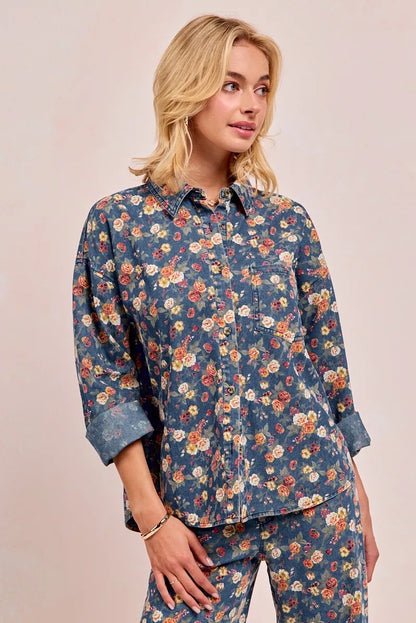 BiBi Washed Floral Print Denim Jacket - Fashorio
