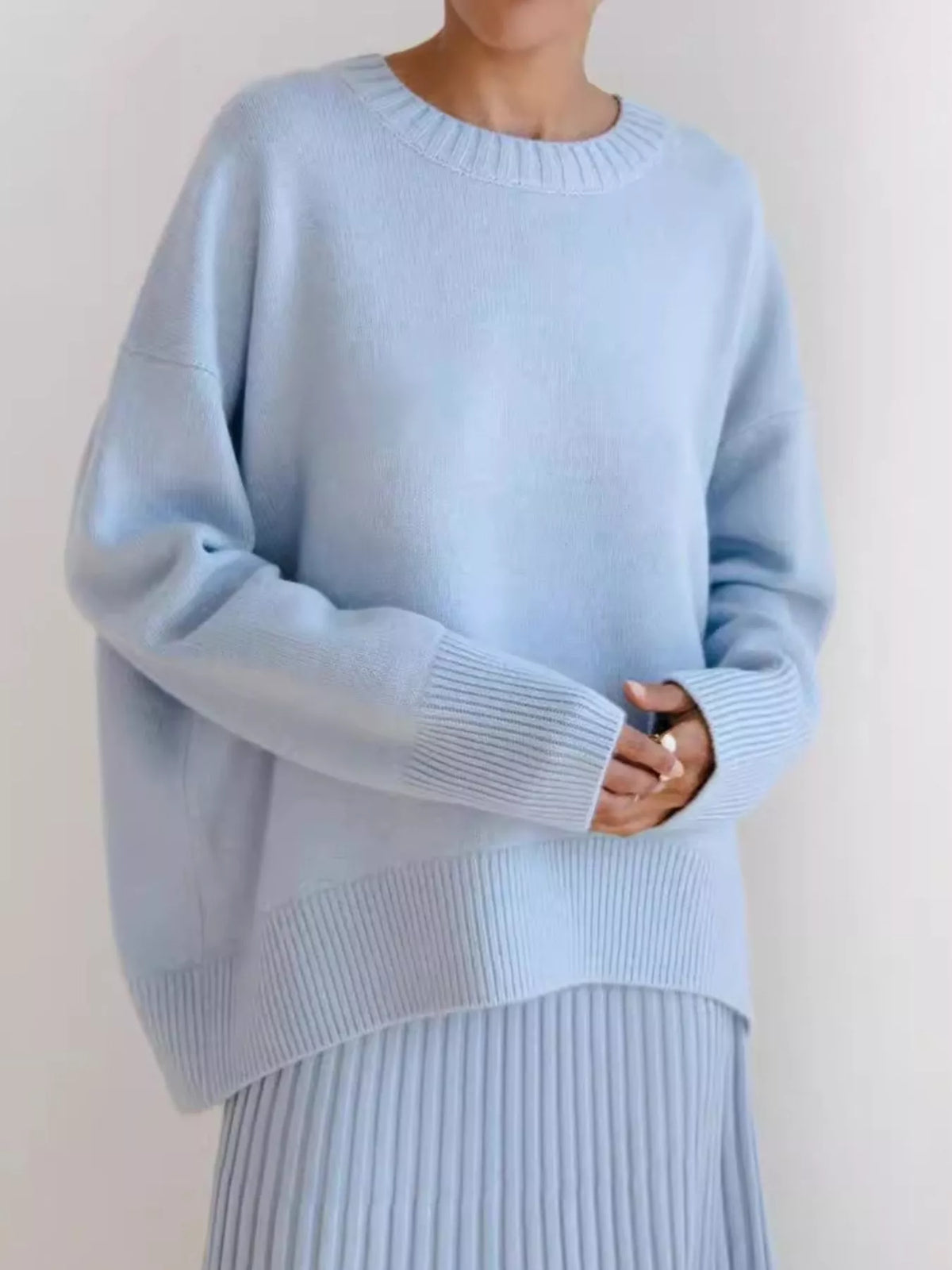 Ribbed hem round neck pullover sweater sleeve view