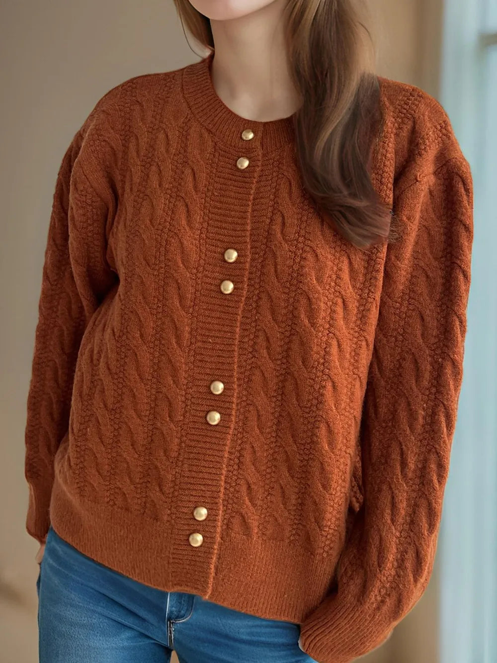 Cable-Knit Round Neck Long Sleeve Cardigan - Fashorio