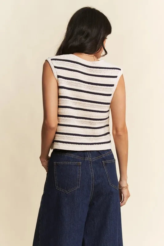 Striped Cropped Sweater Vest Top in White detail