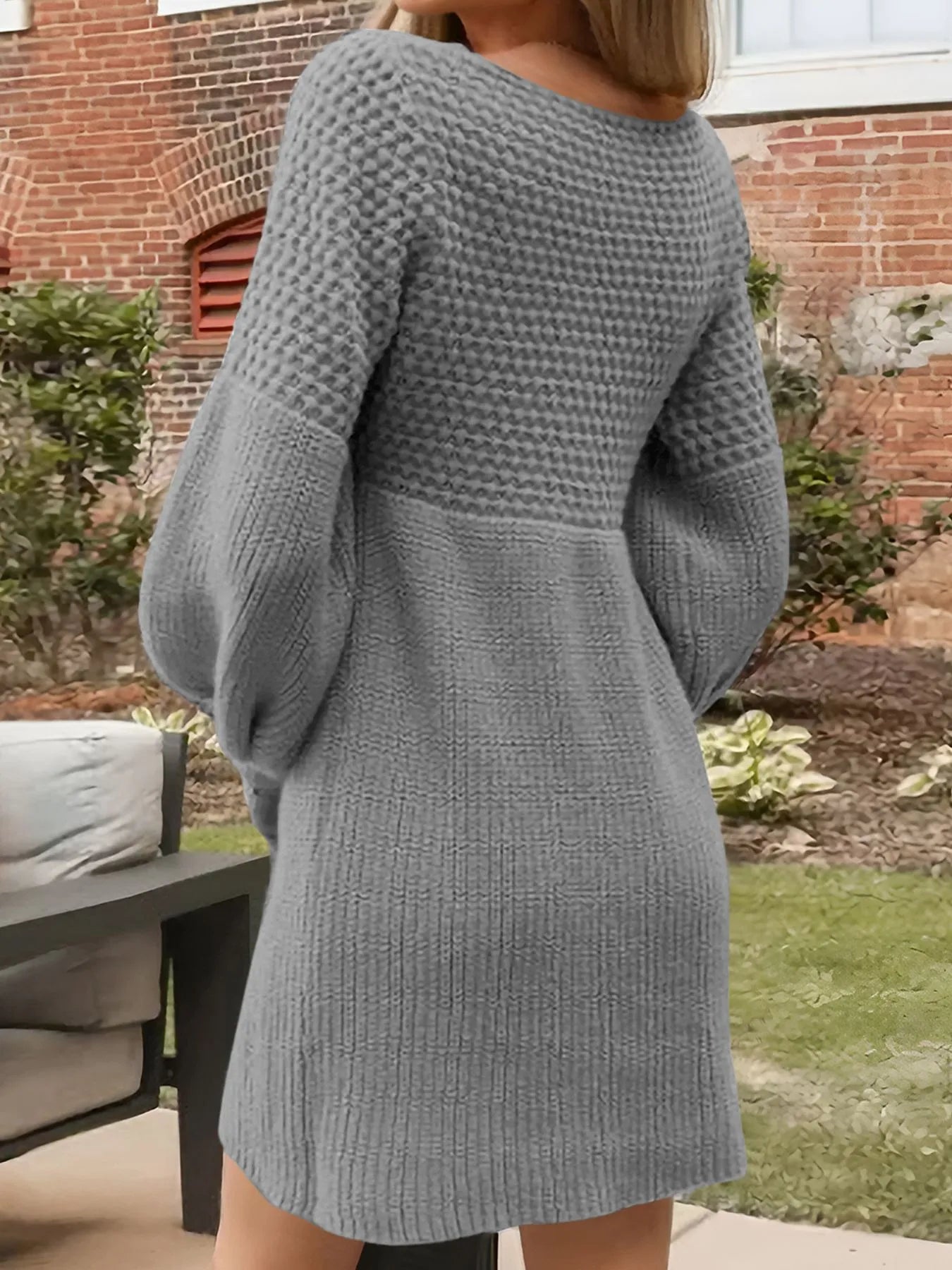 Texture V-Neck Lantern Sleeve Sweater Dress - Fashorio